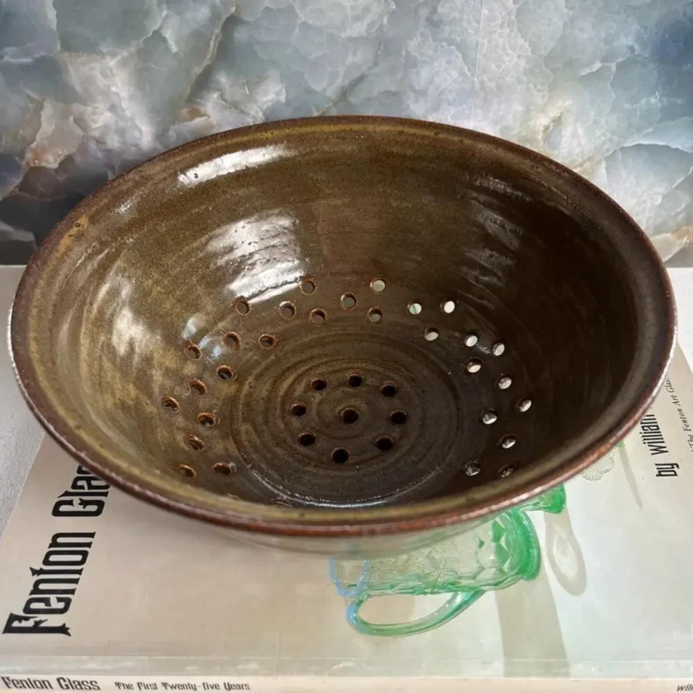 Studio Art Colander 8.5 in Stoneware Green Brown Rim Swirl Glazed Earth Toned